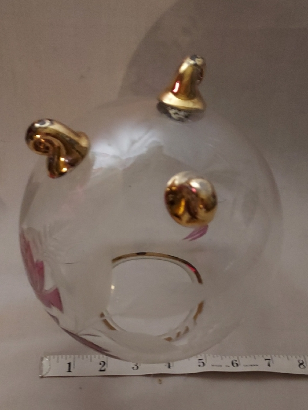 Vintage Glass Bowl Round Purple Etched Flowers with Three Gold Legs & Gold Ring - Picture 3 of 9